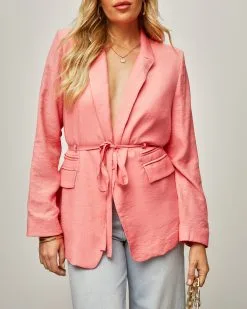 Jazmine Pocketed Waist Tie Blazer - Coral -clothes Sales Jazminepocketedwaisttieblazercoral38221