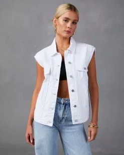 Serai Pocketed Denim Vest - White -clothes Sales KC7959WT WHITE 3505