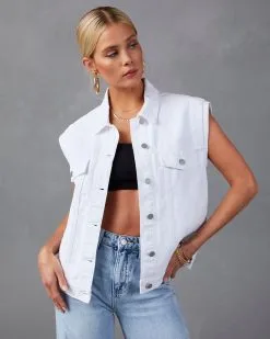 Serai Pocketed Denim Vest - White -clothes Sales KC7959WT WHITE 3523
