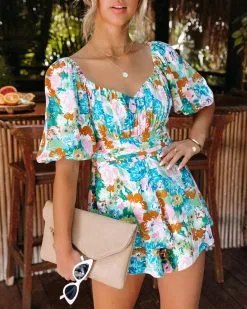 Kamyla Floral Tiered Romper - Mint Multi - FINAL SALE -clothes Sales KamylaFloralTieredRomperMintMulti114