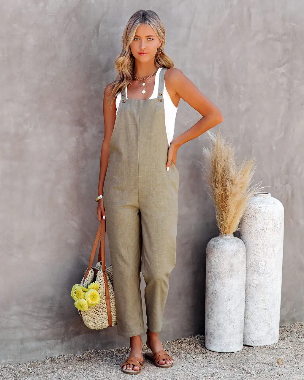 Kiko Pocketed Linen Blend Jumpsuit - Olive - FINAL SALE 1 Kiko Pocketed Linen Blend Jumpsuit - Olive - FINAL SALE
