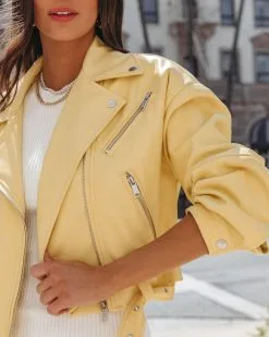 Lucia Pocketed Faux Leather Crop Moto Jacket - Lemon - LAST CHANCE -clothes Sales LuciaPocketedFauxLeatherCropMotoJacketLemon17
