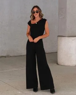 Kyle Asymmetrical Neck Wide Leg Jumpsuit - Black - FINAL SALE