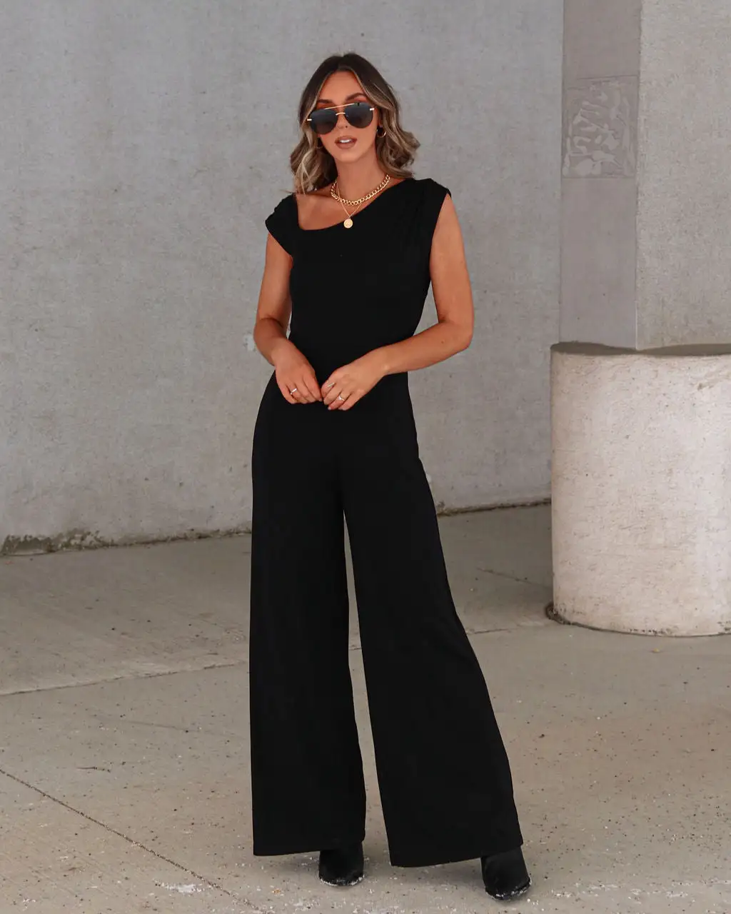 Kyle Asymmetrical Neck Wide Leg Jumpsuit - Black - FINAL SALE 1 Kyle Asymmetrical Neck Wide Leg Jumpsuit - Black - FINAL SALE