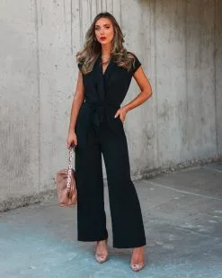 Fabiola Pocketed Tie Waist Wide Leg Jumpsuit - Black - FINAL SALE