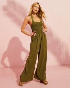 Dovie Smocked Halter Jumpsuit - Olive