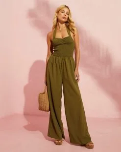 Dovie Smocked Halter Jumpsuit - Olive -clothes Sales NP41213 OLIVE5