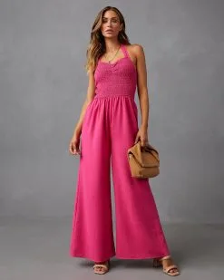 Dovie Smocked Halter Jumpsuit - Pink -clothes Sales NP41213 PINK 16682