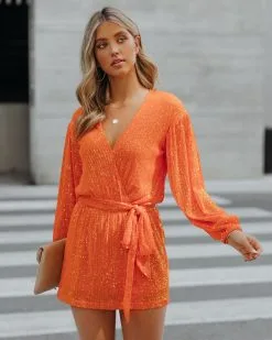Overnight Sequin Drape Romper - Blazing Orange - FINAL SALE