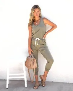 Placerville Pocketed Drawstring Jumpsuit - Olive - FINAL SALE