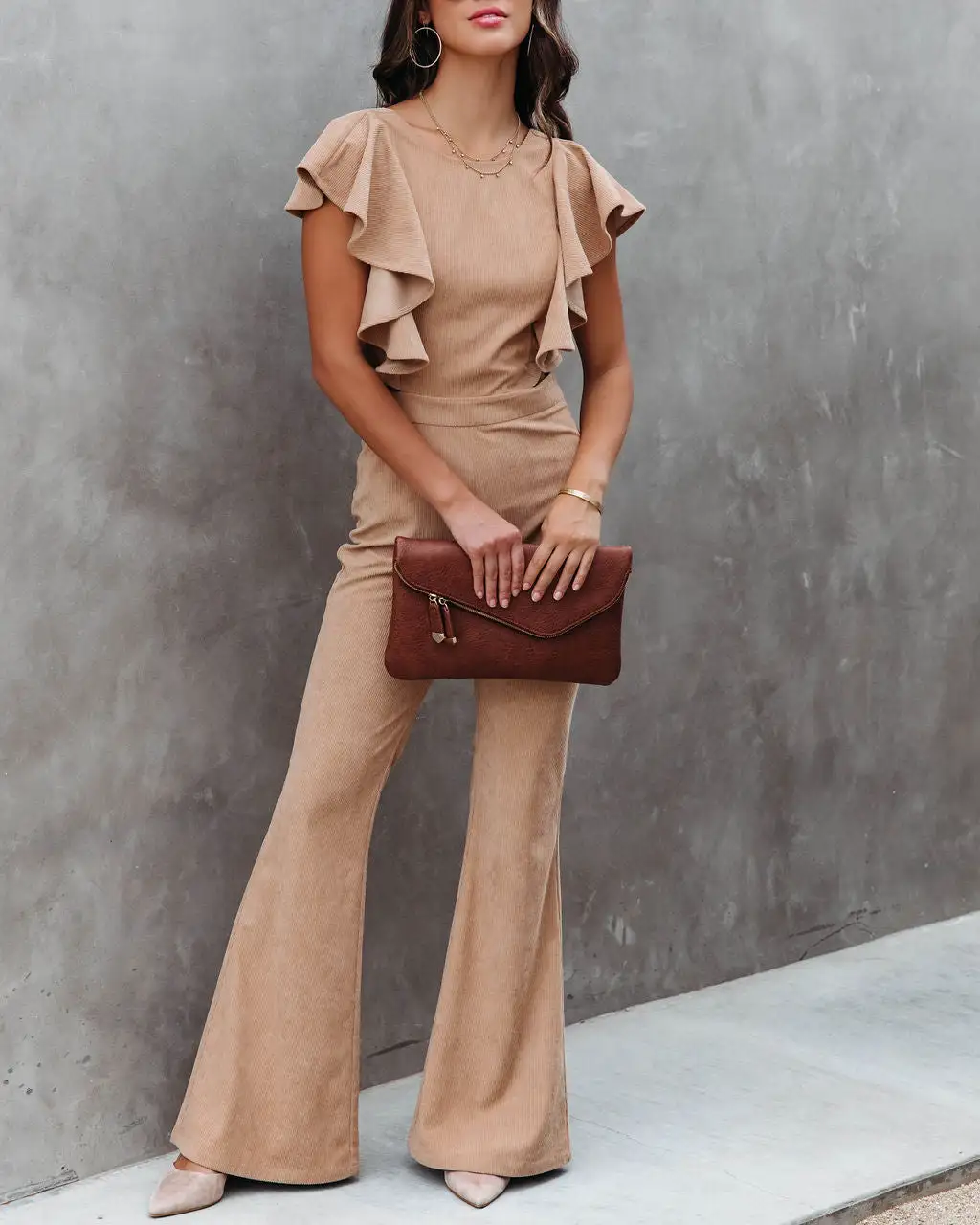 Queen Of The Patch Corduroy Ruffle Cutout Jumpsuit - Taupe - FINAL SALE 5 Queen Of The Patch Corduroy Ruffle Cutout Jumpsuit - Taupe - FINAL SALE - Image 5