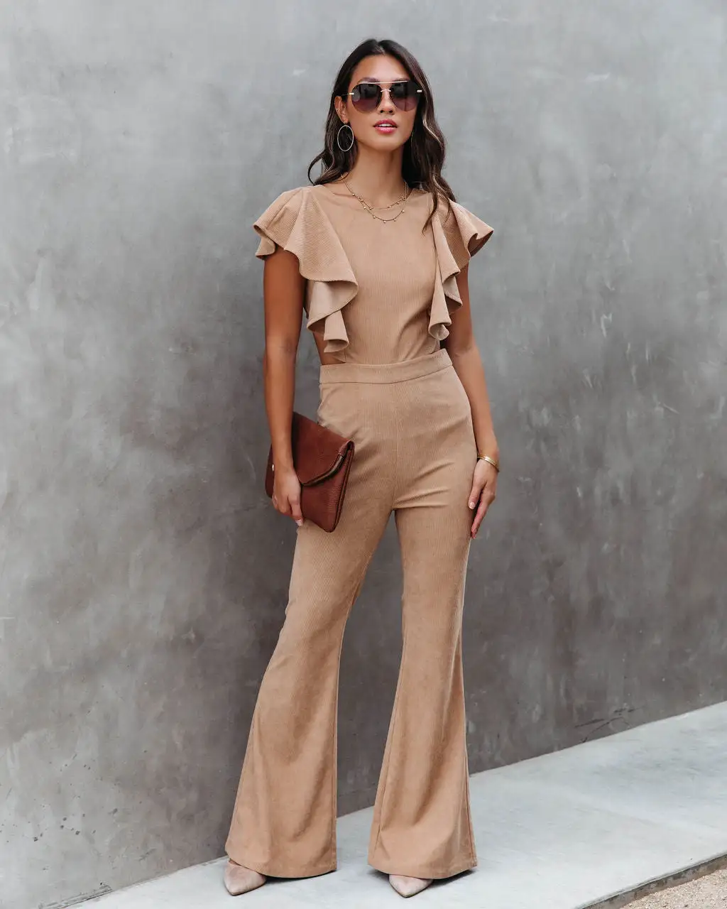 Queen Of The Patch Corduroy Ruffle Cutout Jumpsuit - Taupe - FINAL SALE 9 Queen Of The Patch Corduroy Ruffle Cutout Jumpsuit - Taupe - FINAL SALE - Image 9