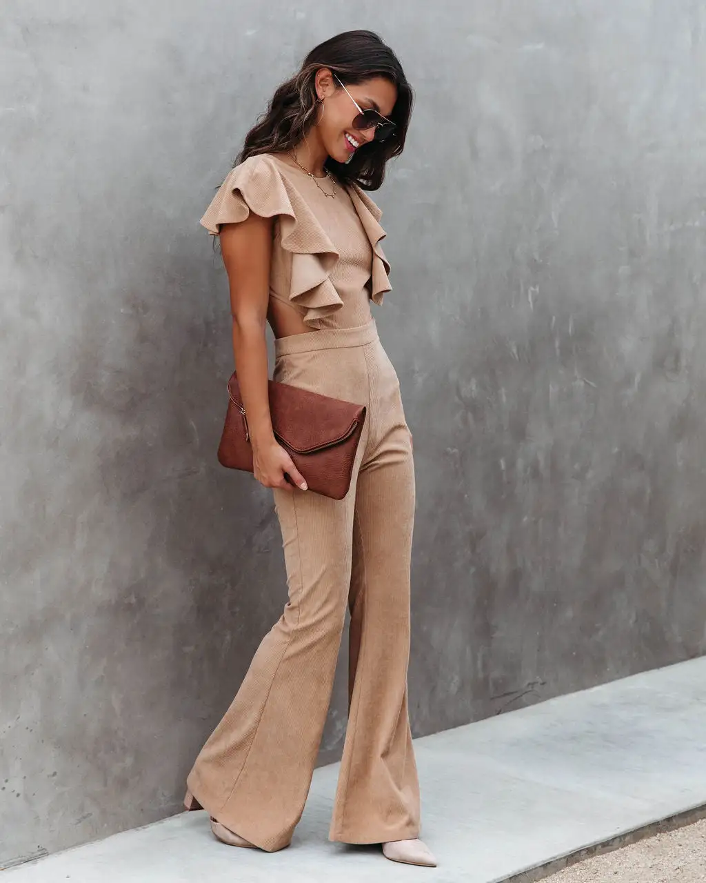 Queen Of The Patch Corduroy Ruffle Cutout Jumpsuit - Taupe - FINAL SALE 6 Queen Of The Patch Corduroy Ruffle Cutout Jumpsuit - Taupe - FINAL SALE - Image 6