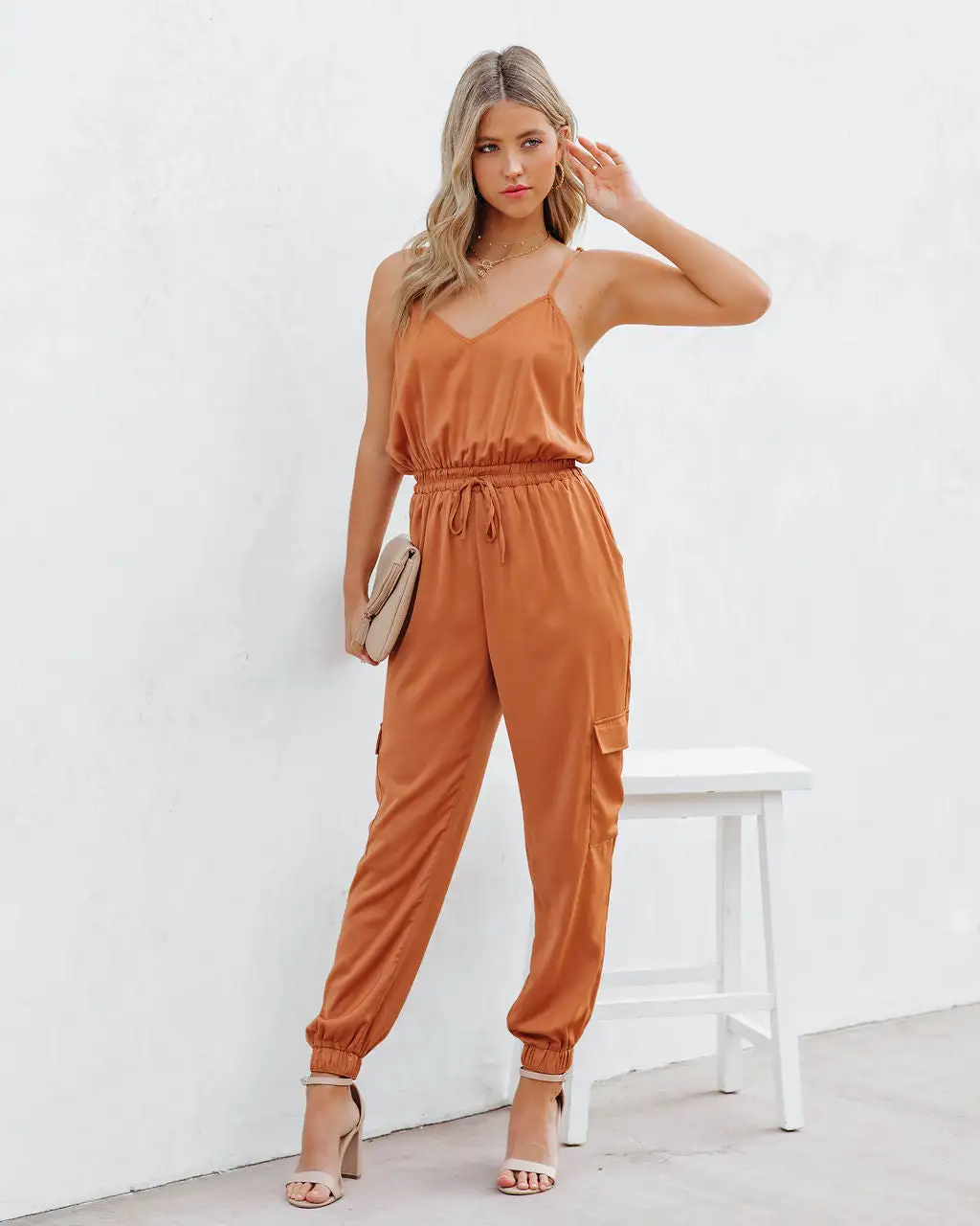Quince Pocketed Satin Utility Jumpsuit - Rust - FINAL SALE 8 Quince Pocketed Satin Utility Jumpsuit - Rust - FINAL SALE - Image 8