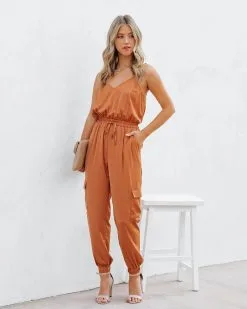 Quince Pocketed Satin Utility Jumpsuit - Rust - FINAL SALE