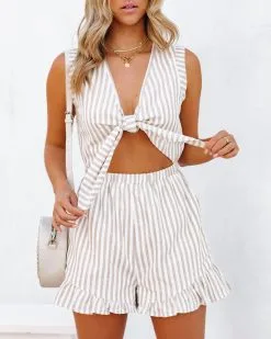 Raydon Linen Blend Pocketed Tie Front Romper - Beige - FINAL SALE