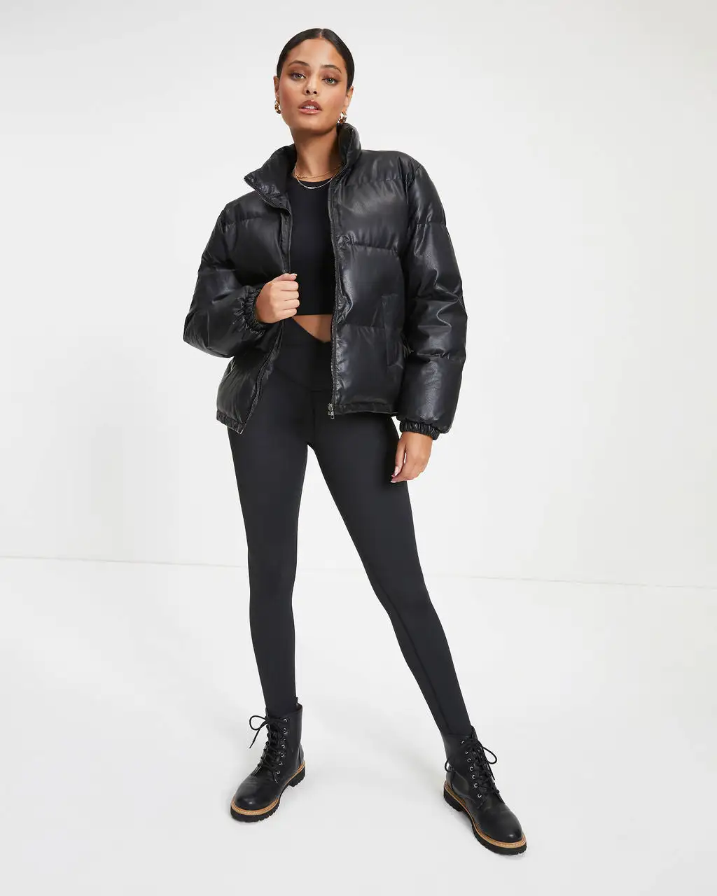 Raza Pocketed Faux Leather Puffer Jacket - Black - FINAL SALE 3 Raza Pocketed Faux Leather Puffer Jacket - Black - FINAL SALE - Image 3
