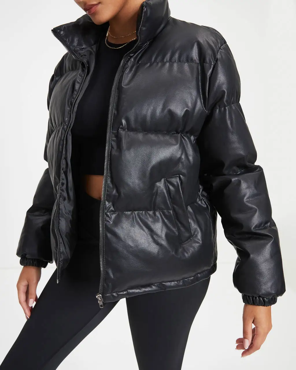 Raza Pocketed Faux Leather Puffer Jacket - Black - FINAL SALE 2 Raza Pocketed Faux Leather Puffer Jacket - Black - FINAL SALE - Image 2