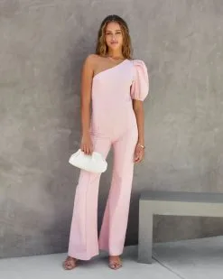 Robynn Cotton One Shoulder Flare Jumpsuit - Pink