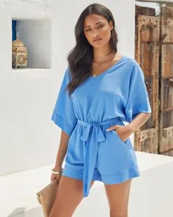 Spring Scene Pocketed Tie Romper - Clean Blue - FINAL SALE -clothes Sales SPRINGSCENEPOCKETEDTIEROMPERCLEANBLUE 0066