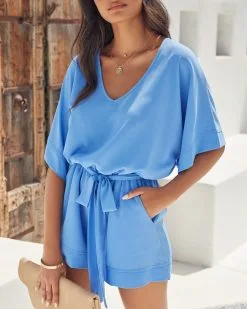 Spring Scene Pocketed Tie Romper - Clean Blue - FINAL SALE -clothes Sales SPRINGSCENEPOCKETEDTIEROMPERCLEANBLUE 0133