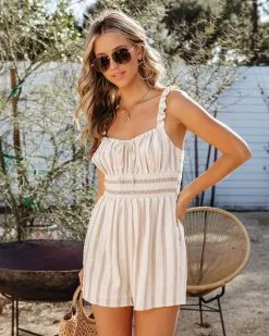 Sandy Treasures Striped Pocketed Romper - Cream/Taupe -clothes Sales SandyTreasuresStripedPocketedRomper Cream Taupe 17