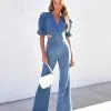 Sarah Denim Puff Sleeve Flare Jumpsuit - Blue - SALE