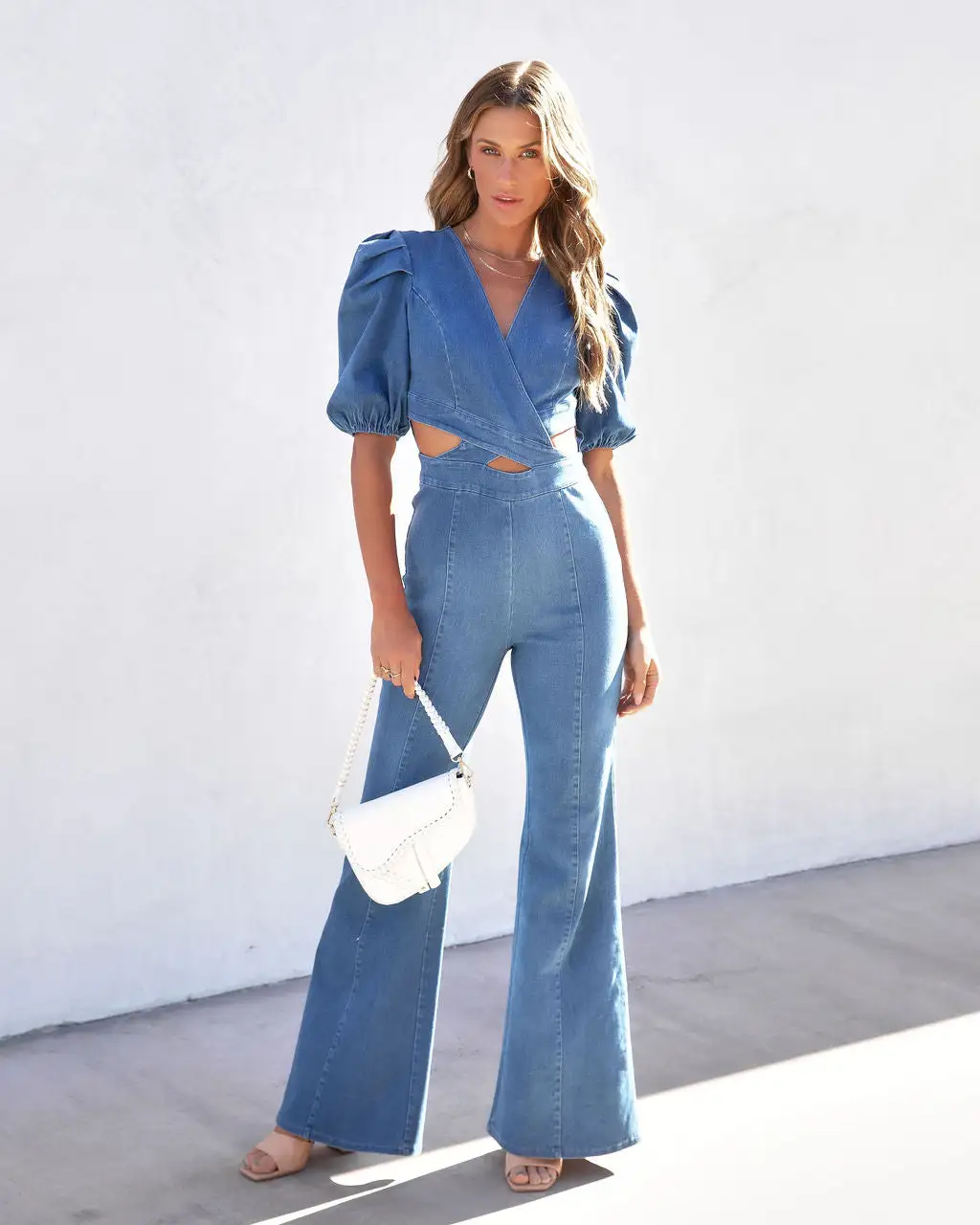 Sarah Denim Puff Sleeve Flare Jumpsuit - Blue - SALE 1 Sarah Denim Puff Sleeve Flare Jumpsuit - Blue - SALE