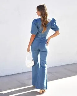 Sarah Denim Puff Sleeve Flare Jumpsuit - Blue - SALE 9 Sarah Denim Puff Sleeve Flare Jumpsuit - Blue - SALE -clothes Sales SarahDenimPuffSleeveFlareJumpsuit Blue4