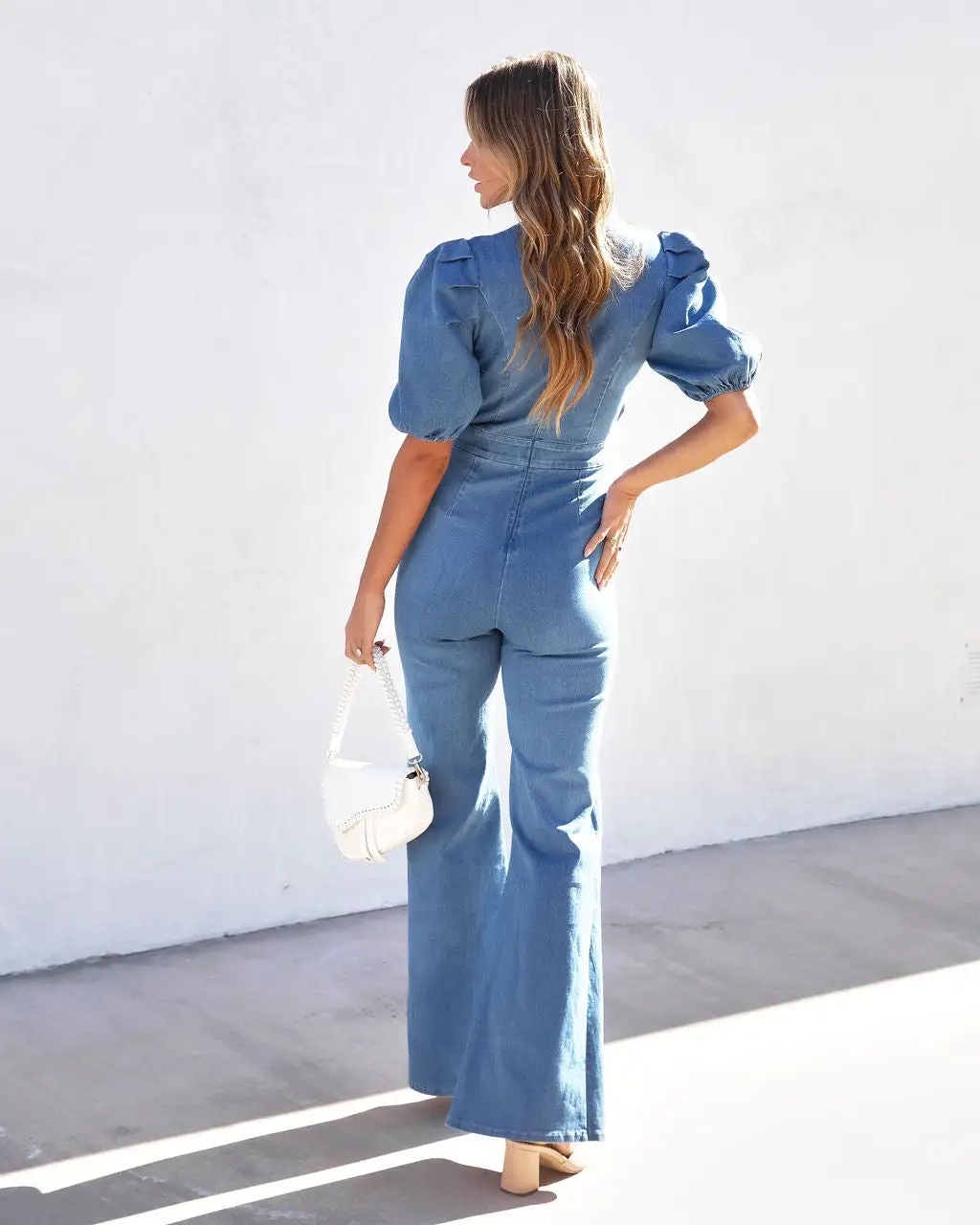 Sarah Denim Puff Sleeve Flare Jumpsuit - Blue - SALE 3 Sarah Denim Puff Sleeve Flare Jumpsuit - Blue - SALE - Image 3