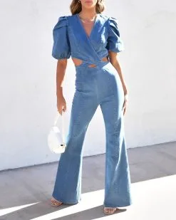 Sarah Denim Puff Sleeve Flare Jumpsuit - Blue - SALE 11 Sarah Denim Puff Sleeve Flare Jumpsuit - Blue - SALE -clothes Sales SarahDenimPuffSleeveFlareJumpsuit Blue5