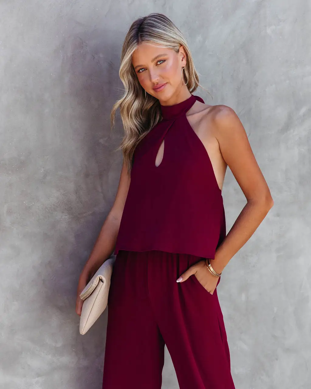 Saturday Night Fever Halter Pocketed Jumpsuit - Wine - FINAL SALE 6 Saturday Night Fever Halter Pocketed Jumpsuit - Wine - FINAL SALE - Image 6