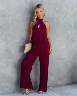 Saturday Night Fever Halter Pocketed Jumpsuit - Wine - FINAL SALE