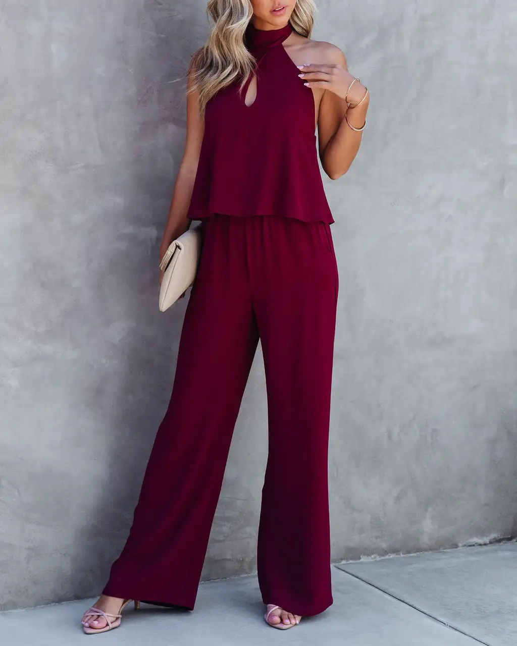 Saturday Night Fever Halter Pocketed Jumpsuit - Wine - FINAL SALE 3 Saturday Night Fever Halter Pocketed Jumpsuit - Wine - FINAL SALE - Image 3