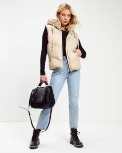 Shelton Pocketed Hooded Faux Leather Puffer Vest - Beige -clothes Sales Shelton Pocketed Hooded Faux Leather Puffer Vest Beige 3098