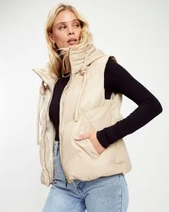 Shelton Pocketed Hooded Faux Leather Puffer Vest - Beige -clothes Sales Shelton Pocketed Hooded Faux Leather Puffer Vest Beige 3116