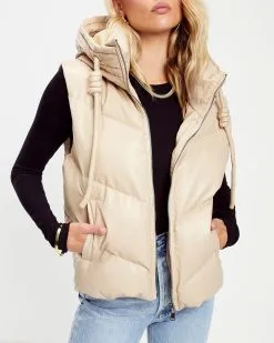 Shelton Pocketed Hooded Faux Leather Puffer Vest - Beige -clothes Sales Shelton Pocketed Hooded Faux Leather Puffer Vest Beige 3151