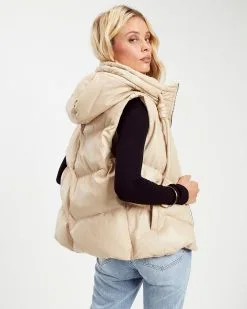 Shelton Pocketed Hooded Faux Leather Puffer Vest - Beige -clothes Sales Shelton Pocketed Hooded Faux Leather Puffer Vest Beige 3180