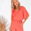 Spring Scene Pocketed Tie Romper - Bright Coral - FINAL SALE