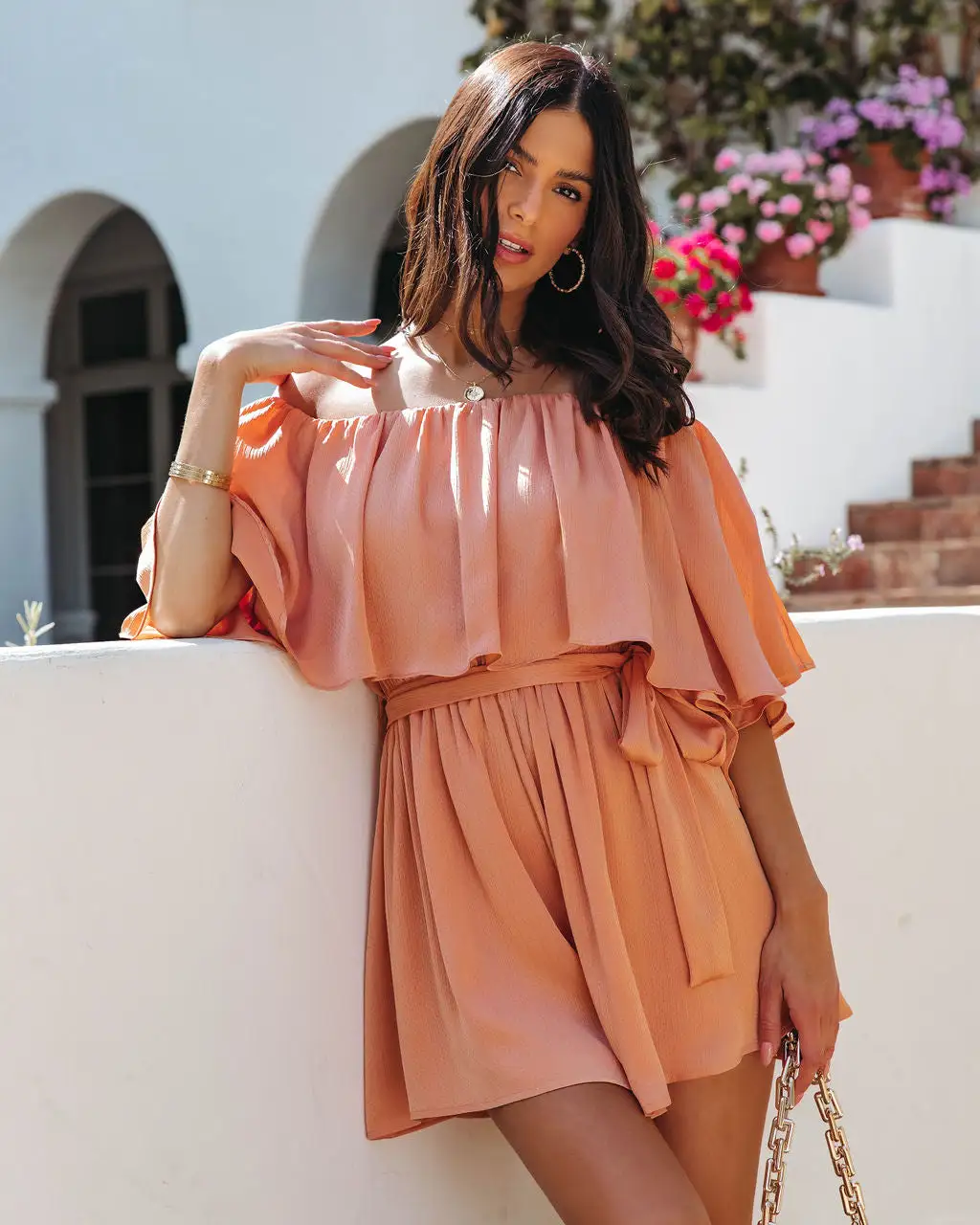 Sunset In Cabo Off The Shoulder Romper - Apricot - LAST CHANCE 9 Sunset In Cabo Off The Shoulder Romper - Apricot - LAST CHANCE - Image 9