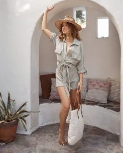 Hotel California Cotton Button Down Utility Romper - Sage -clothes Sales ViciKorakiaCroppedWebSize02.22.2021170