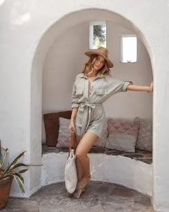 Hotel California Cotton Button Down Utility Romper - Sage -clothes Sales ViciKorakiaCroppedWebSize02.22.2021172