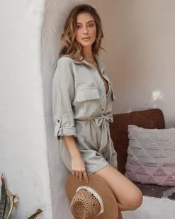 Hotel California Cotton Button Down Utility Romper - Sage -clothes Sales ViciKorakiaCroppedWebSize02.22.2021173