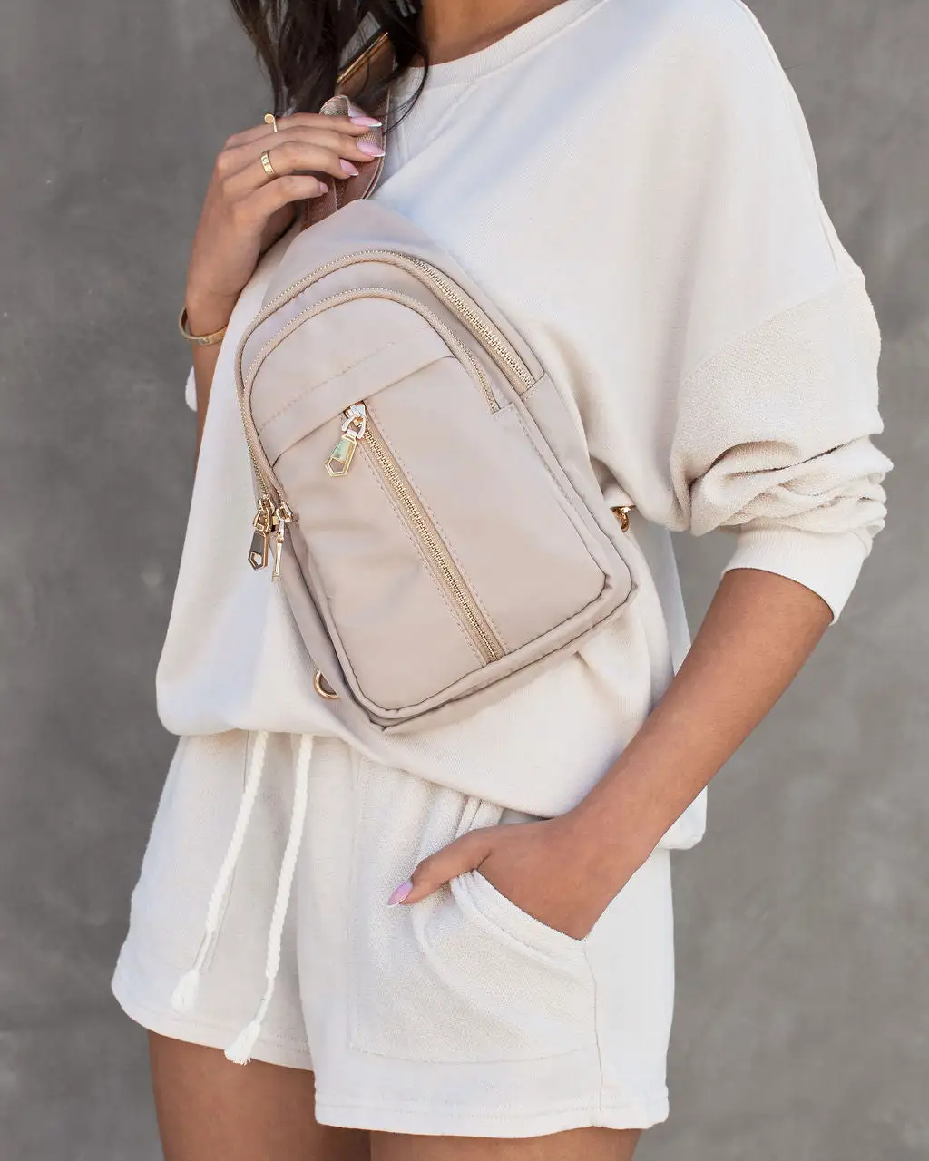 Wagner Nylon Sling Backpack - Beige 2 Wagner Nylon Sling Backpack - Beige - Image 2