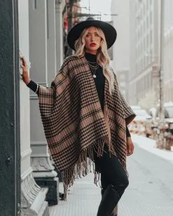 Ainsley Houndstooth Fringe Poncho - FINAL SALE