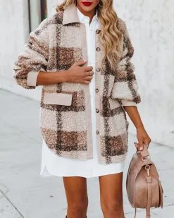 Alaska Plaid Pocketed Teddy Jacket - Taupe - FINAL SALE -clothes Sales alaskaplaidpocketedteddyjackettaupe29