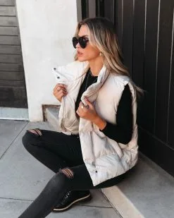 Anna Pocketed Puffer Vest - Beige