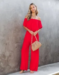 Antonella Off The Shoulder Pocketed Jumpsuit - Red - SALE -clothes Sales antonellaofftheshoulderpocketedjumpsuitred 12
