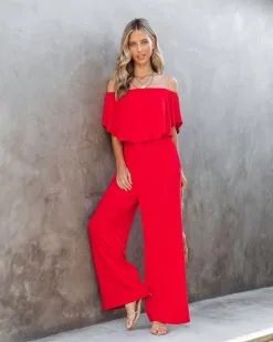 Antonella Off The Shoulder Pocketed Jumpsuit - Red - SALE -clothes Sales antonellaofftheshoulderpocketedjumpsuitred 17