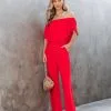 Antonella Off The Shoulder Pocketed Jumpsuit - Red - SALE